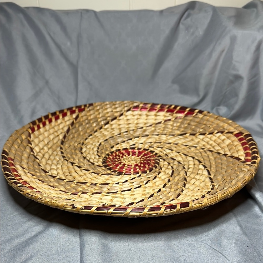 Boho Style Woven Grass Spiral Basket with Red Accents❤️